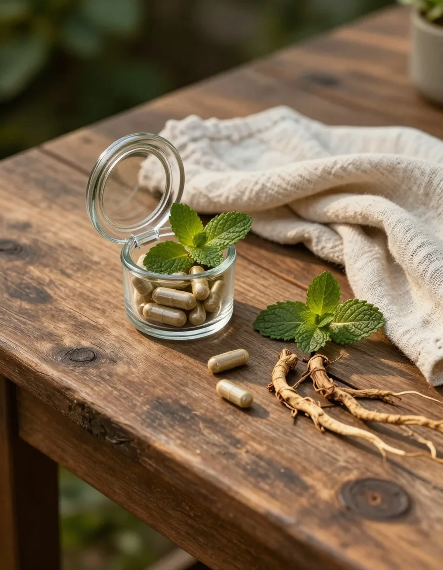 Natural plant capsules tipped out of a small container beside whole dried botanicals on a pale tabletop