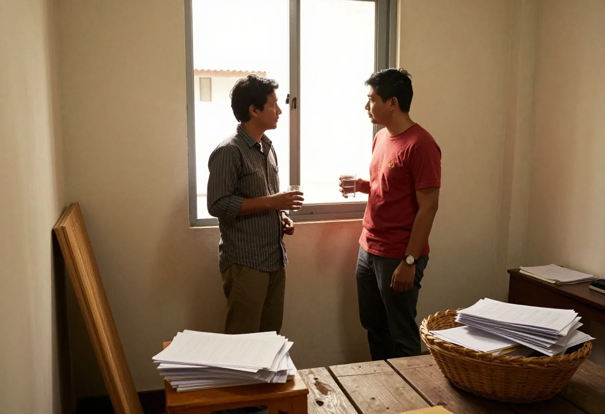 Two colleagues talking at a shared desk in an ordinary editorial workroom in afternoon light