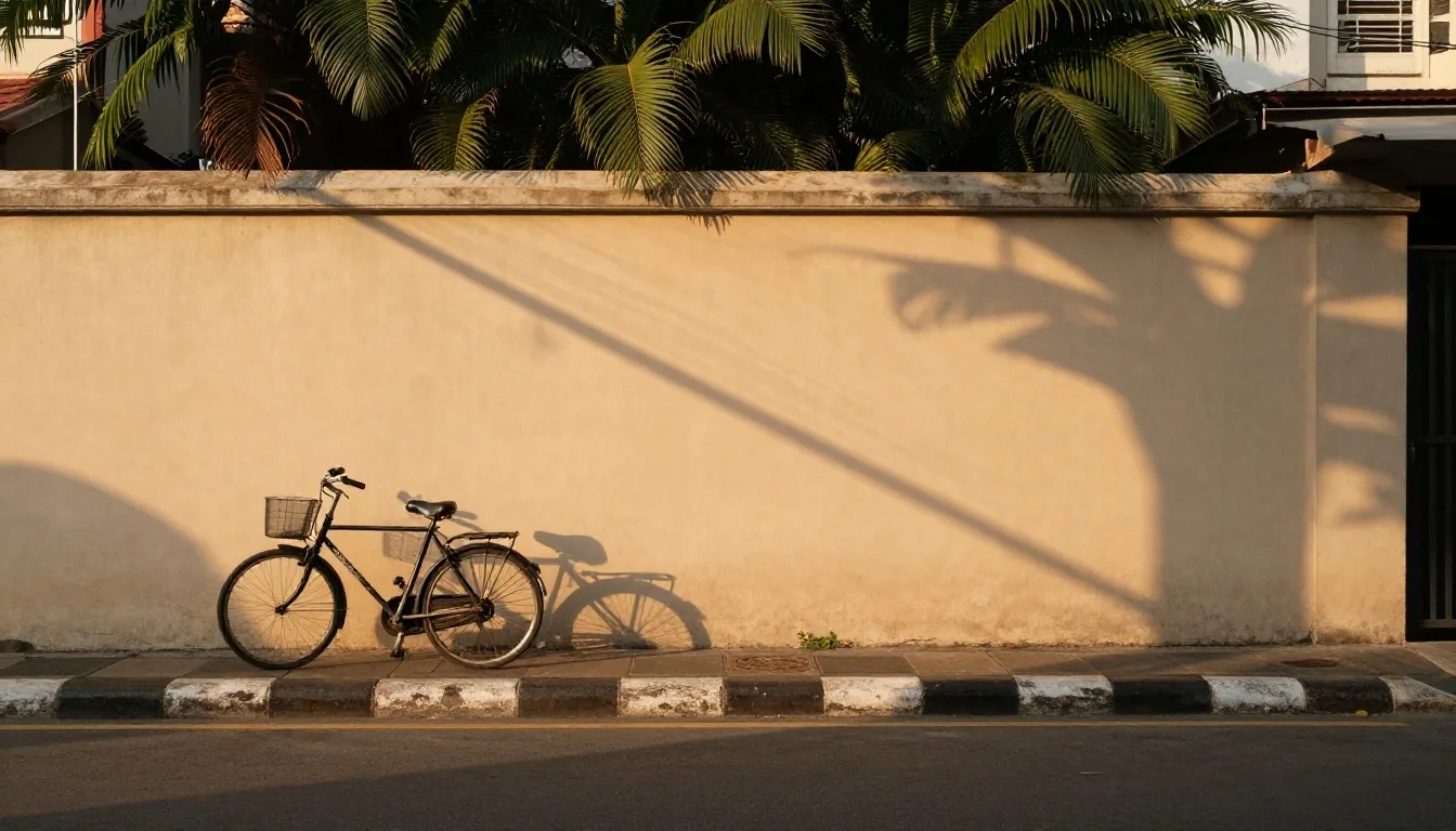 A quiet Surabaya street corner with a long afternoon shadow across a pale wall