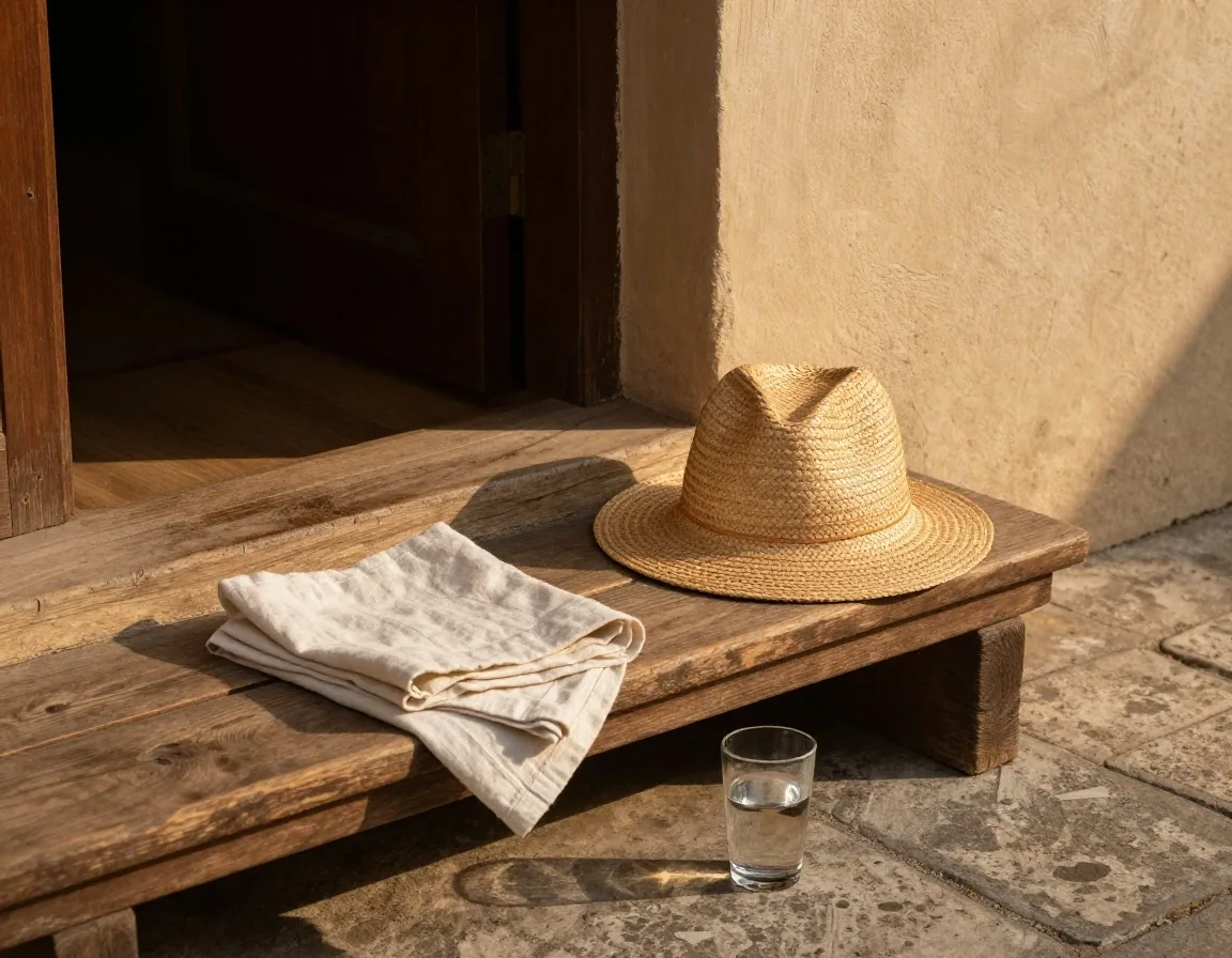 A closed book and plain notebook on a bench beside a glass of water