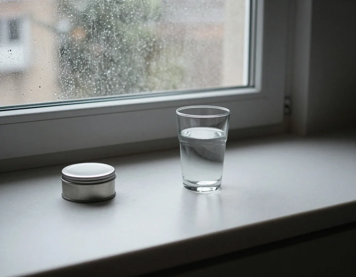 A pale desk surface in morning light with a glass of water beside a closed laptop