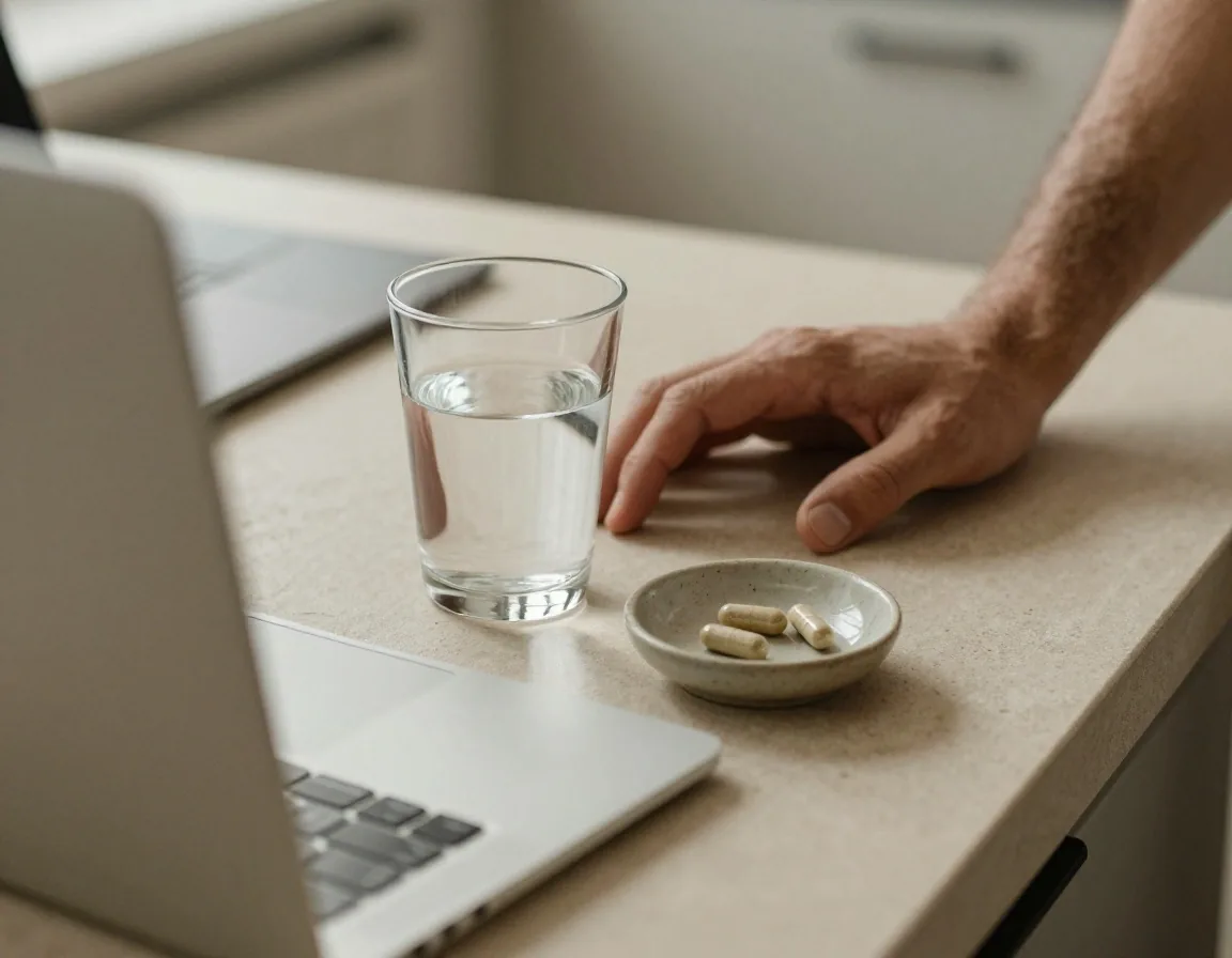 Hands at a kitchen counter in morning light with a glass of water and an out-of-focus laptop