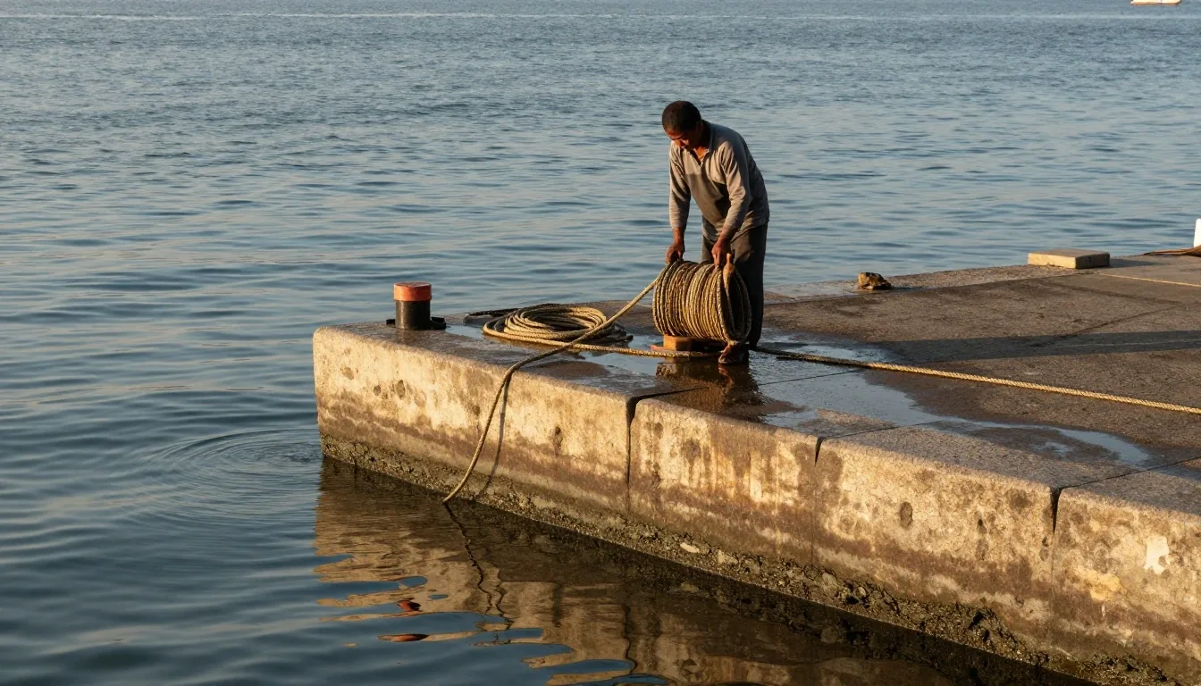 Late-afternoon dock work at a Surabaya quay, with calm water in the lower part of the frame