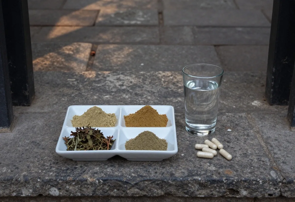 Natural capsules and three small heaps of botanical powder on a white dish under window light