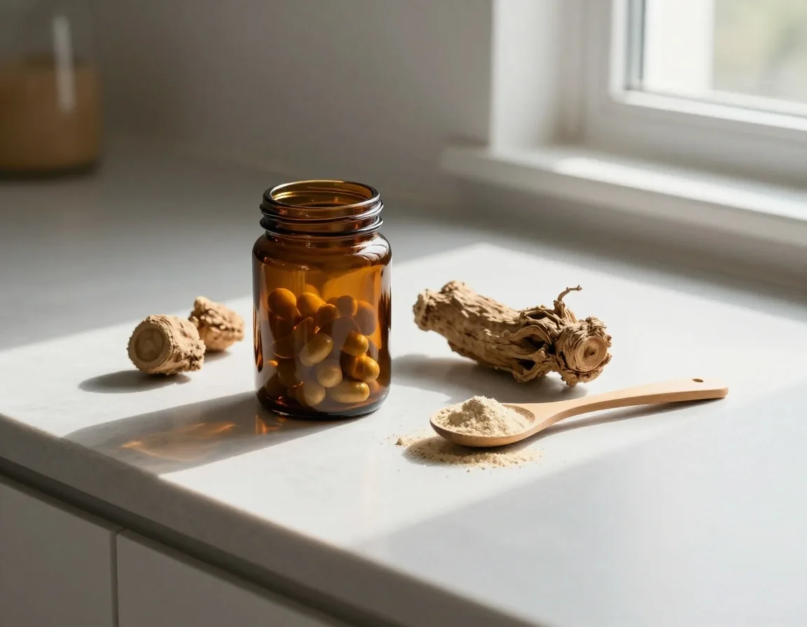One jar of natural capsules beside a dried botanical root and a spoon of coarse powder on a pale surface