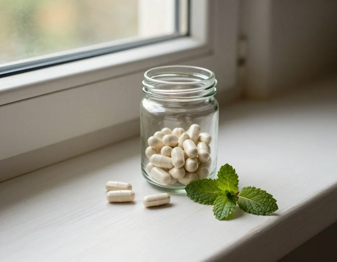 Overhead view of natural capsules and mineral tablets scattered on a pale surface with a botanical leaf