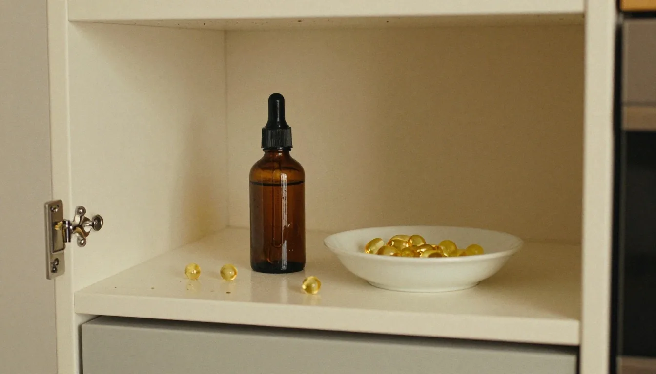 Brown glass dropper bottle and softgels on a kitchen shelf in late afternoon light