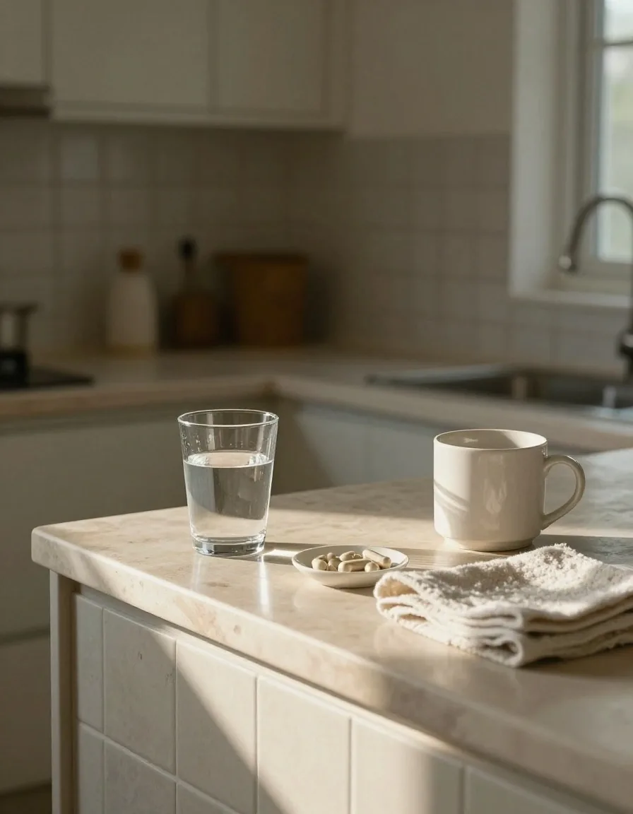 Hands at a kitchen counter in morning light with a glass of water and a small dish of capsules