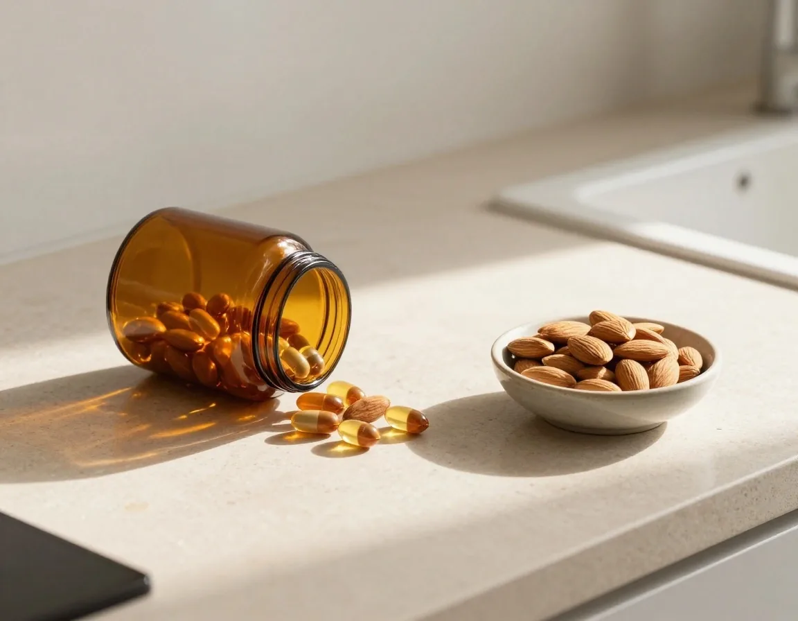 Natural capsules and whole botanicals in daylight on a pale matte surface