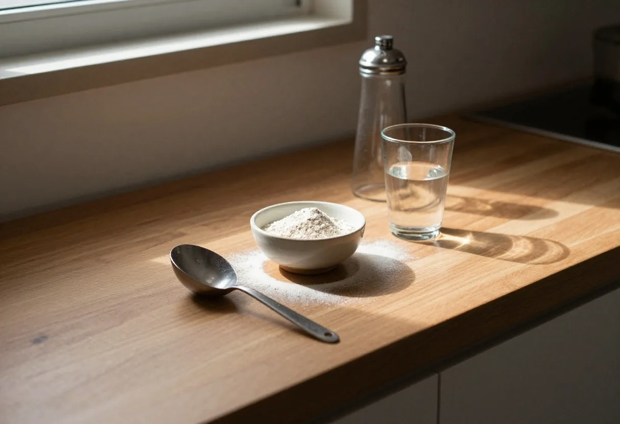 Scoop of fine pale powder beside a glass shaker and water in soft daylight