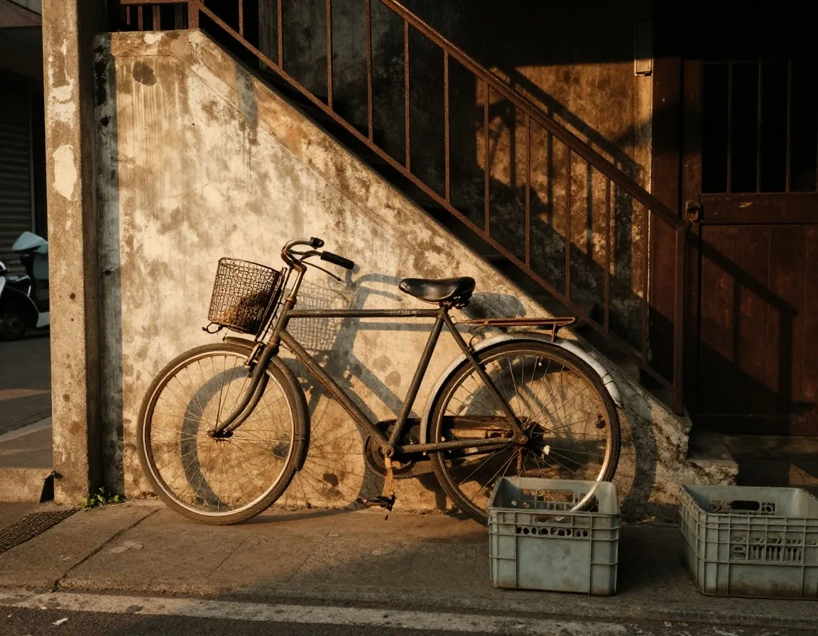 A bicycle leaning against a concrete wall on a quiet Surabaya side street in late-afternoon light