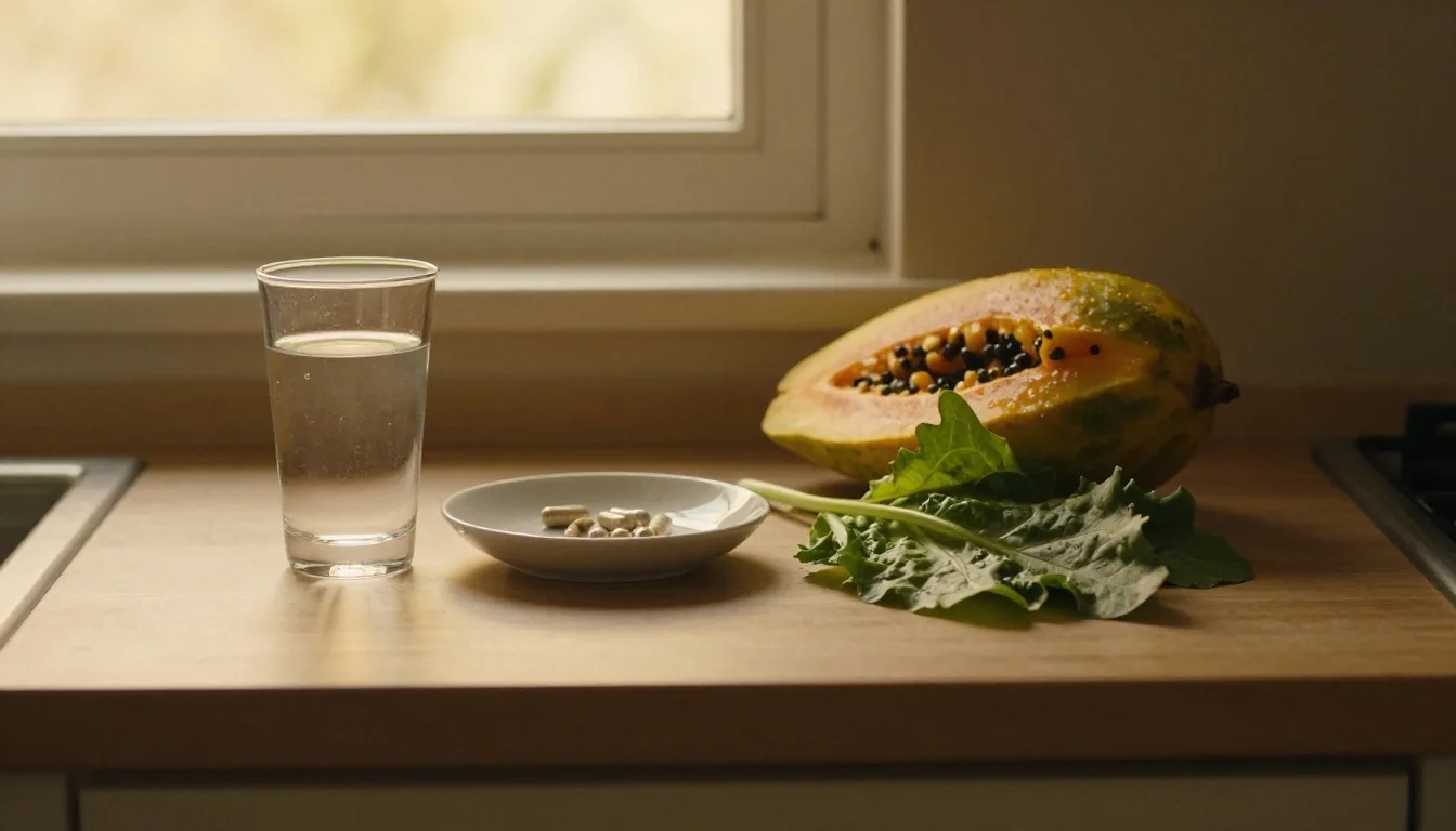 A glass of water and a small dish of natural capsules beside fresh fruit on an ordinary kitchen counter in warm afternoon light