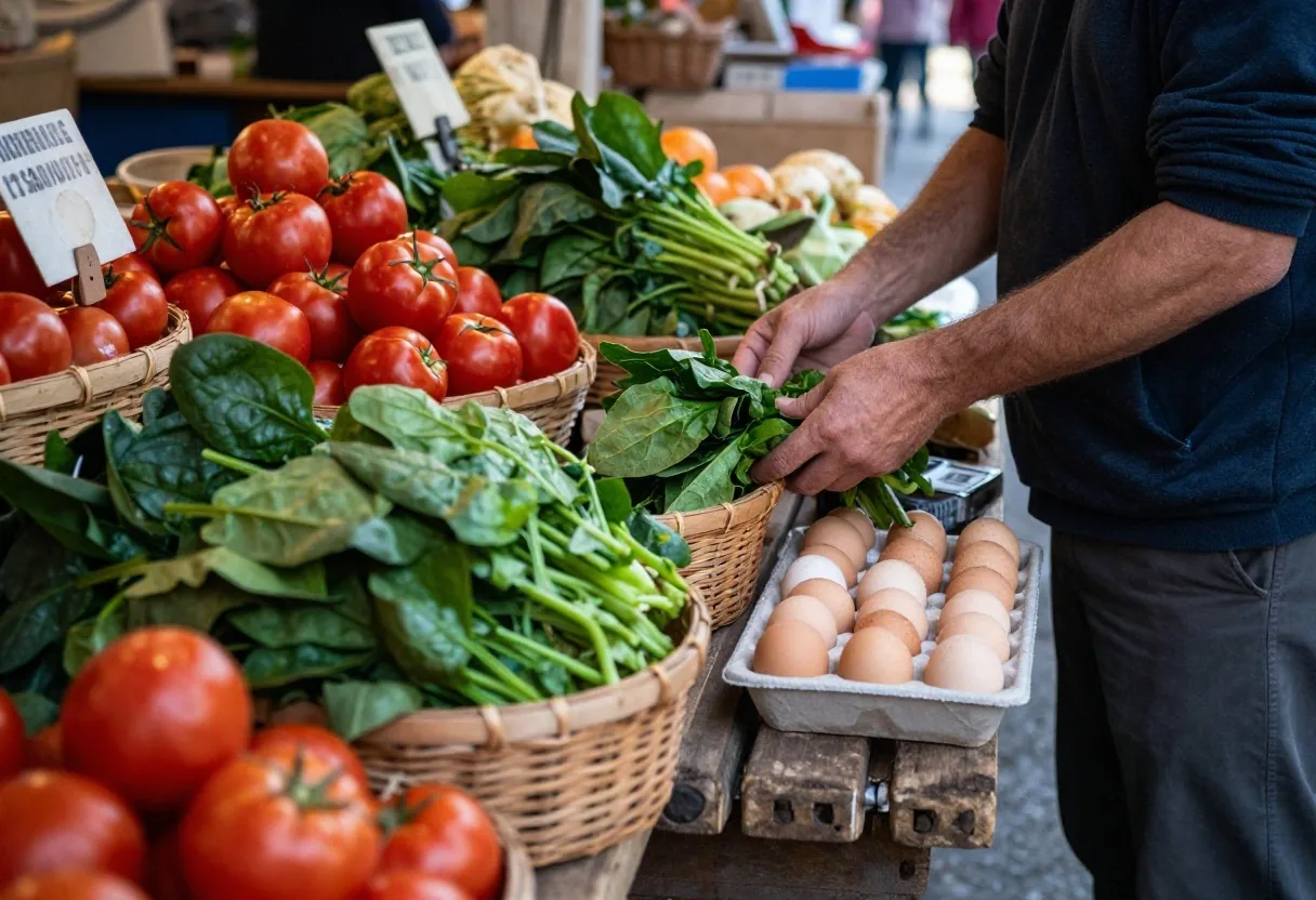 A morning market stall with baskets of leafy greens, tomatoes and a tray of eggs on a wooden trestle