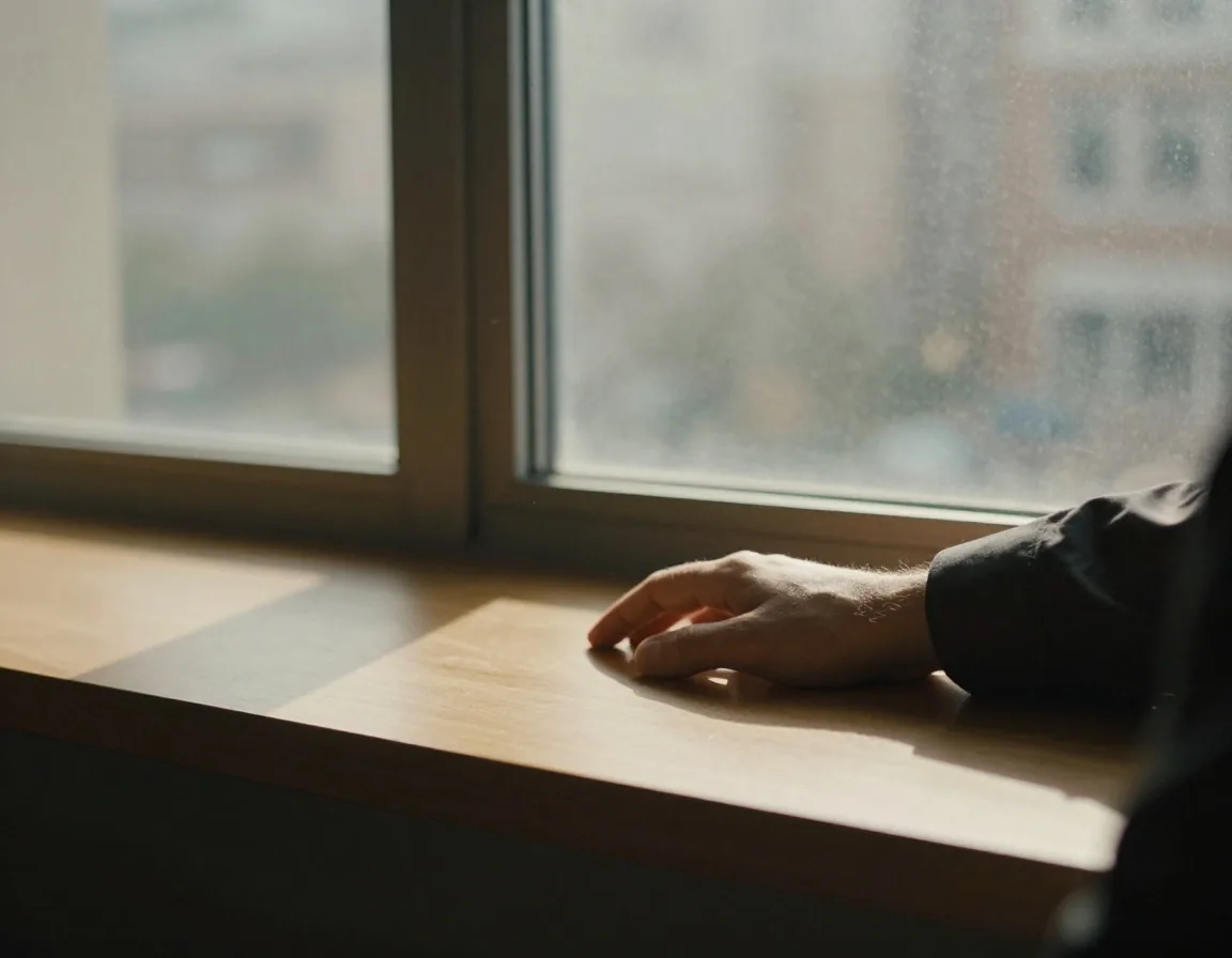 A man's hand resting on a sunlit window sill in an office corridor in late afternoon
